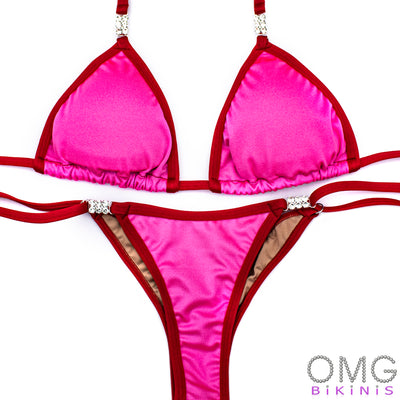 Bubble Gum Pink Posing Suit with Red Trim S/S | Clearance | OMG Bikinis