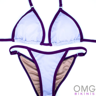 White Posing Suit with Black Purple Trim | Clearance | OMG Bikinis