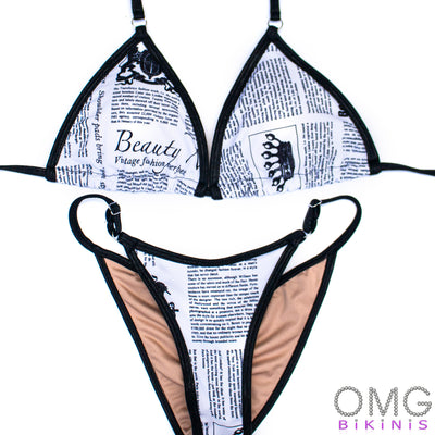 Newspaper Posing Suit with Black Trim S/S | Clearance | OMG Bikinis