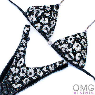 White Cheetah on Black Figure/WPD Competition Suit M/S | OMG Bikinis Rentals