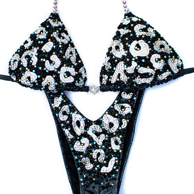 White Cheetah on Black Figure/WPD Competition Suit M/S | OMG Bikinis Rentals