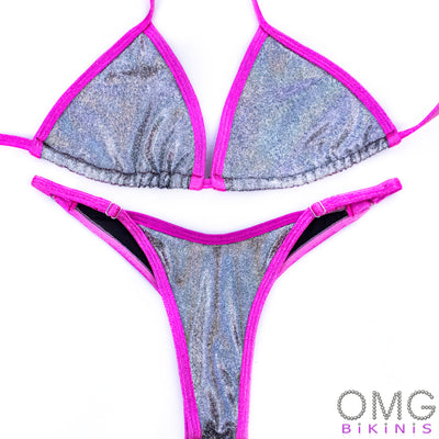 Grey Holo with Pink Trim Super Basic Posing Suit S/S | Clearance | OMG Bikinis