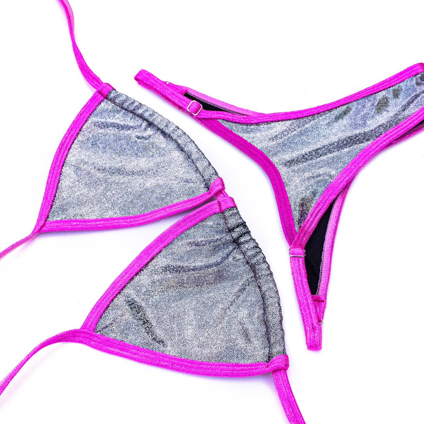 Grey Holo with Pink Trim Super Basic Posing Suit S/S | Clearance | OMG Bikinis