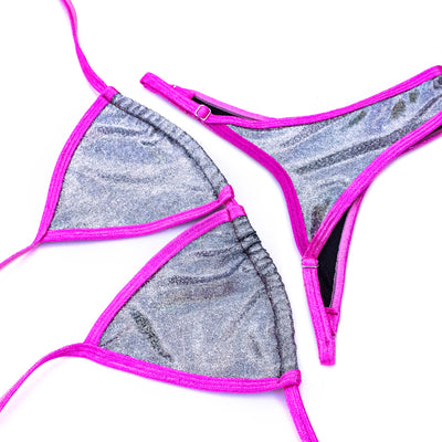 Grey Holo with Pink Trim Super Basic Posing Suit S/S | Clearance | OMG Bikinis