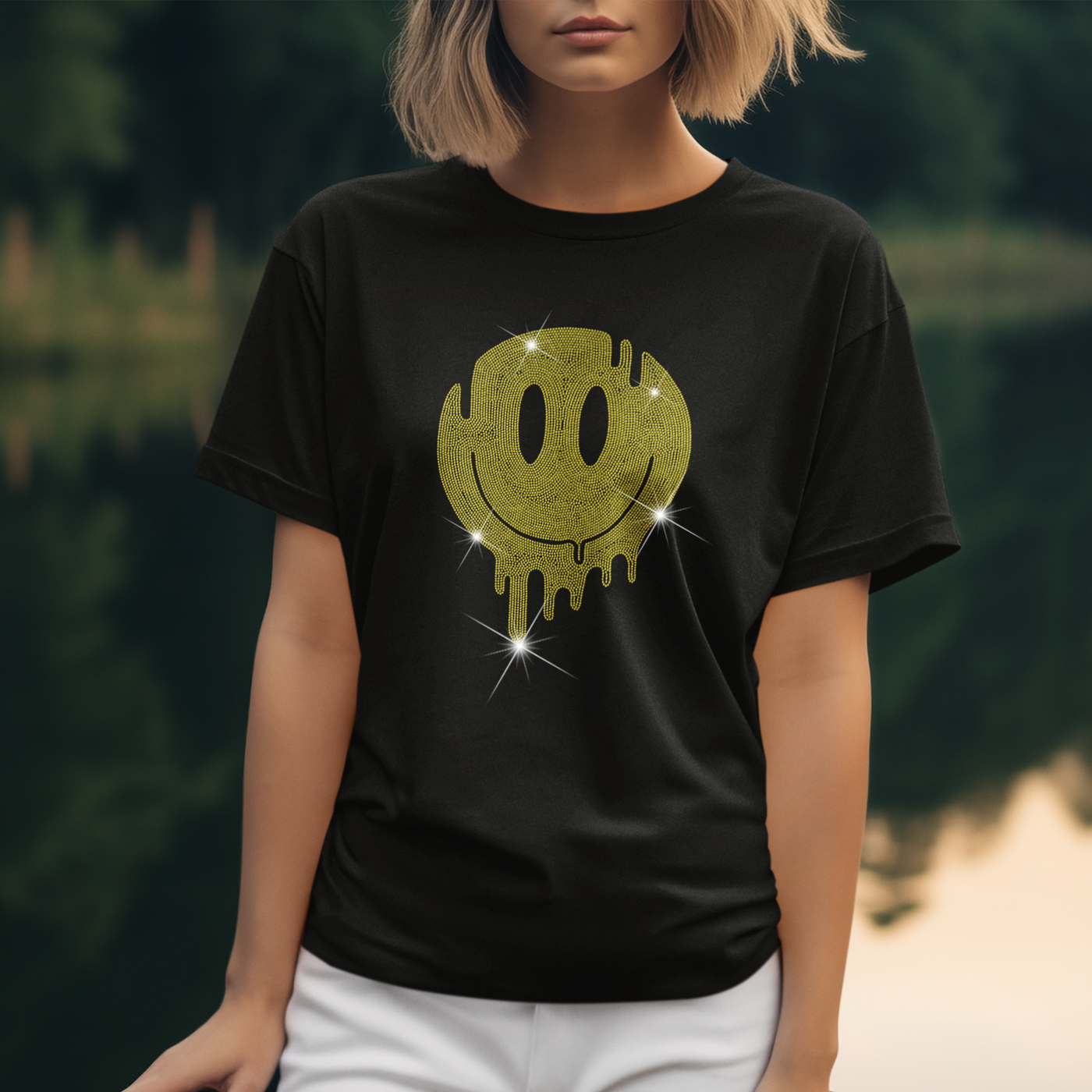 Melting Smiley Face Sparkle Rhinestone T-Shirt | OMG Bikinis