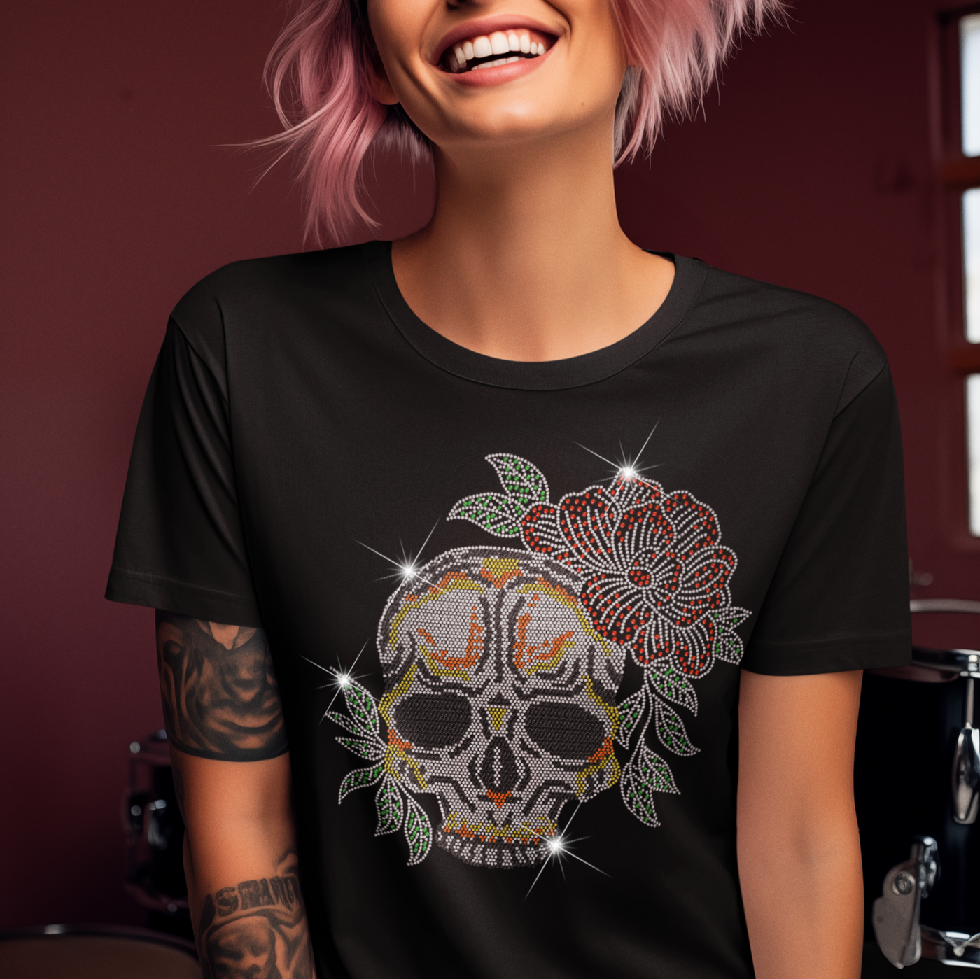 Lady Skull with a Flower Rhinestone T-Shirt | OMG Bikinis