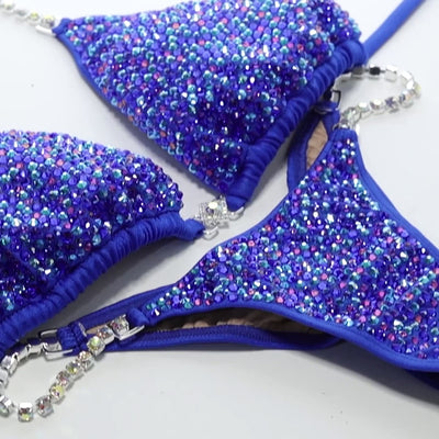 Purple Scatter on Electric Blue Competition Bikini | OMG Bikinis