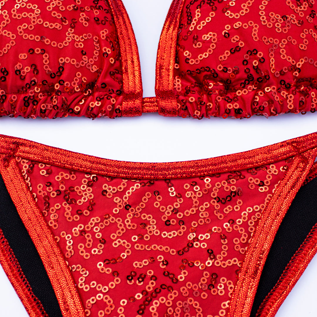 omgbikinis Red Sequin Posing Suit Scrunch Butt Bikini Npc Ifbb Practice Suit M S